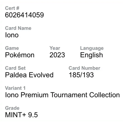 Iono CGC 9.5 2023 Pokemon Paldea Evolved Iono Premium Tournament Collection Card #185/193