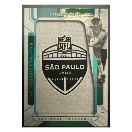 DeVonta Smith 2024 Panini National Treasures NFL International Patch #d/ 5 Card #IP-DVS
