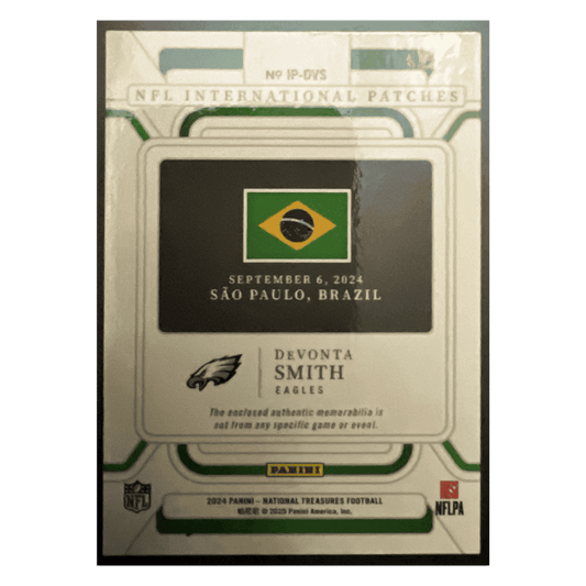 DeVonta Smith 2024 Panini National Treasures NFL International Patch #d/ 5 Card #IP-DVS