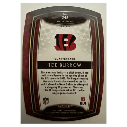 Joe Burrow 2020 Panini Select Zebra Prizm Die Cut Rookie RC Case Hit Card #246