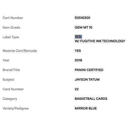Jayson Tatum PSA 10 2018 Panini Certified Mirror Blue #d/ 199 Card #22