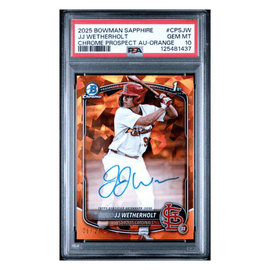 JJ Wetherholt PSA 10 2025 Topps Bowman Sapphire Chrome Prospect Autograph Orange #d/ 25 Card #CPSJW