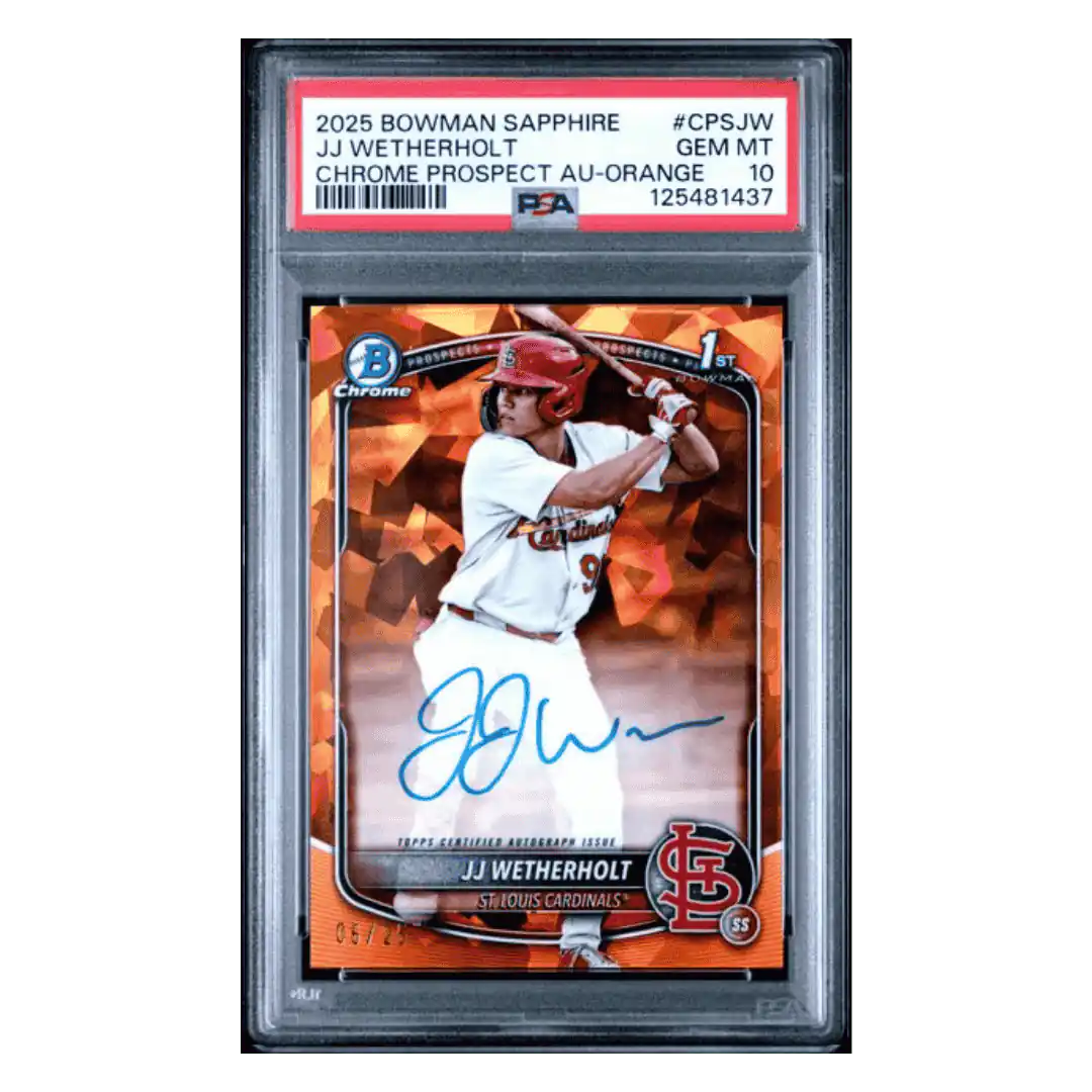 JJ Wetherholt PSA 10 2025 Topps Bowman Sapphire Chrome Prospect Autograph Orange #d/ 25 Card #CPSJW