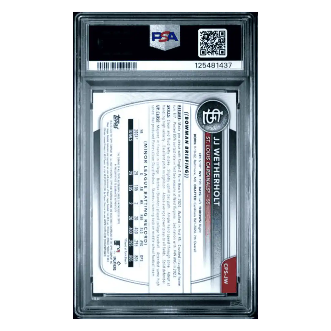 JJ Wetherholt PSA 10 2025 Topps Bowman Sapphire Chrome Prospect Autograph Orange #d/ 25 Card #CPSJW
