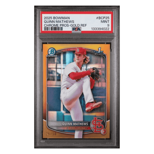 Quinn Mathews PSA 9 2025 Topps Bowman Chrome Prospects Gold Refractor #d/ 50 Card #BCP25