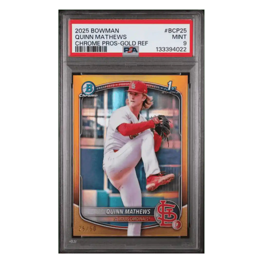 Quinn Mathews PSA 9 2025 Topps Bowman Chrome Prospects Gold Refractor #d/ 50 Card #BCP25