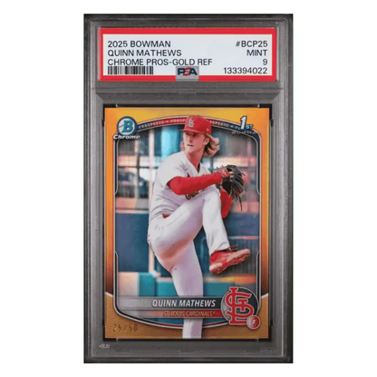Quinn Mathews PSA 9 2025 Topps Bowman Chrome Prospects Gold Refractor #d/ 50 Card #BCP25