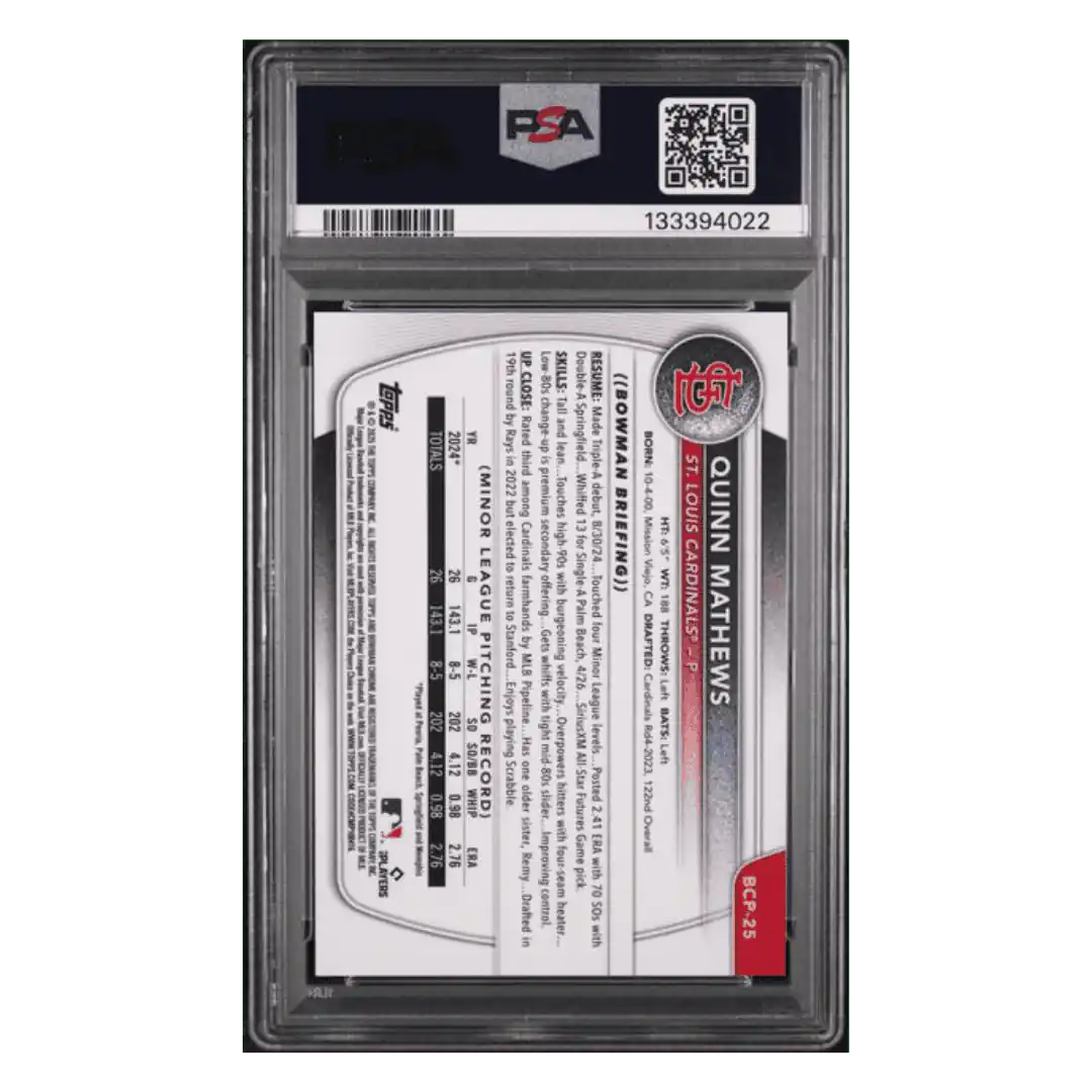Quinn Mathews PSA 9 2025 Topps Bowman Chrome Prospects Gold Refractor #d/ 50 Card #BCP25