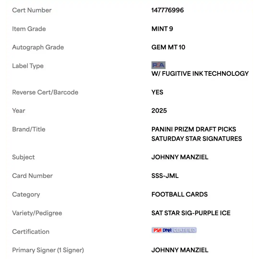 Johnny Manziel PSA 9 2025 Panini Draft Picks Saturday Star Signature Purple Ice #d/ 60 Card #SSS-JML