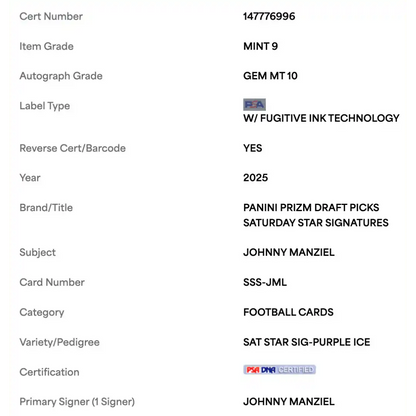 Johnny Manziel PSA 9 2025 Panini Draft Picks Saturday Star Signature Purple Ice #d/ 60 Card #SSS-JML