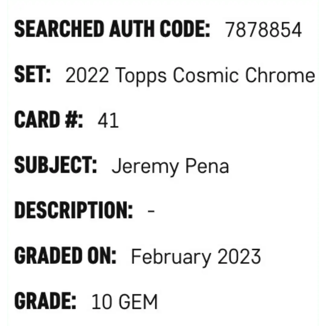 Jeremy Pena SGC 10 2022 Topps Cosmic Chrome Rookie RC Card #41