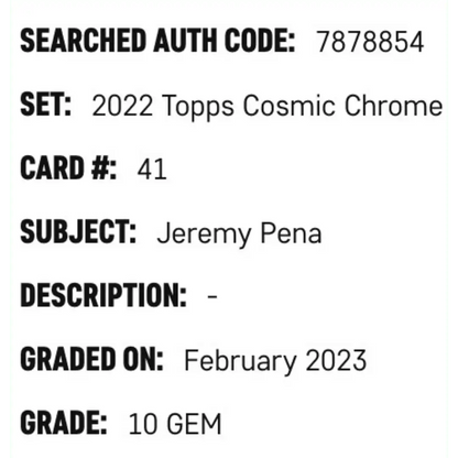 Jeremy Pena SGC 10 2022 Topps Cosmic Chrome Rookie RC Card #41