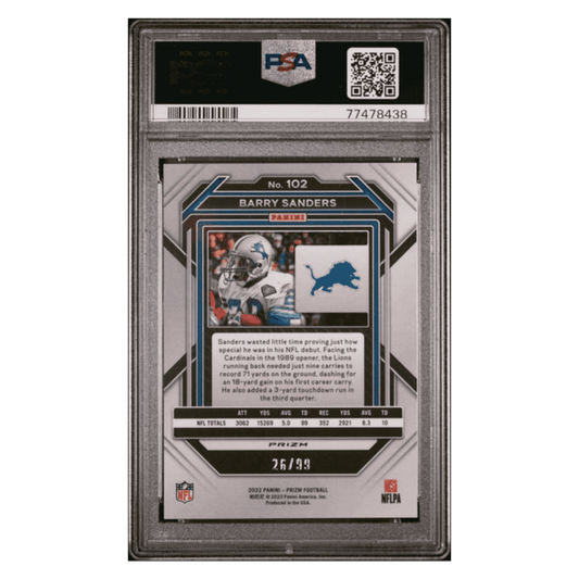Barry Sanders PSA 10 2022 Panini Prizm Blue Ice #d/ 99 Card #102