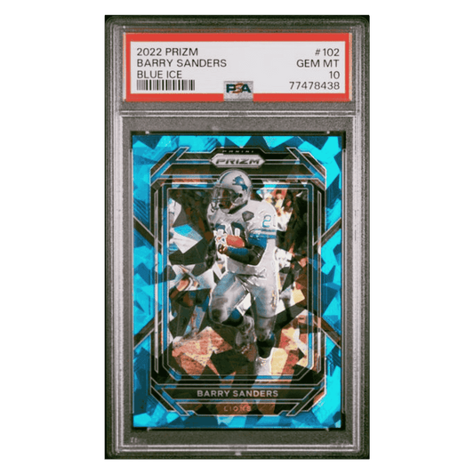 Barry Sanders PSA 10 2022 Panini Prizm Blue Ice #d/ 99 Card #102