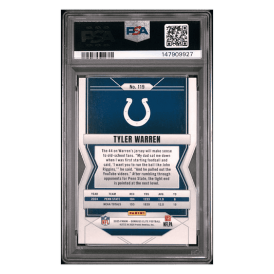 Tyler Warren PSA 10 2025 Panini Donruss Elite Lavender Pyramids Rookie RC #d/ 649 Card #119