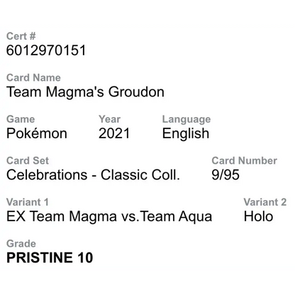 Team Magma's Groudon CGC 10 2021 Pokemon Celebrations Classic Collection Holo Card #9/95