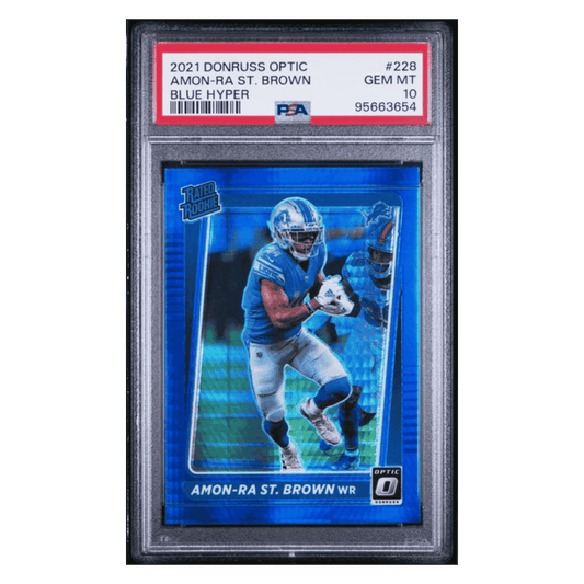 Amon-Ra St Brown PSA 10 2021 Panini Donruss Optic Blue Hyper Rated Rookie Card #228