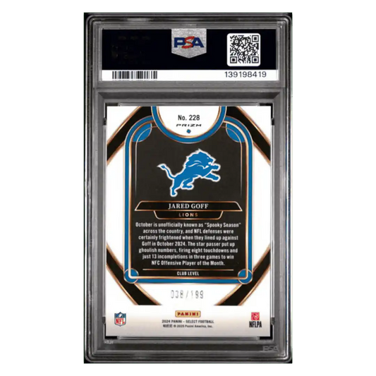 Jared Goff PSA 10 2024 Panini Select White Shock #d/ 199 Card #228