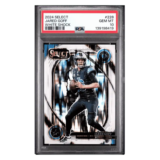 Jared Goff PSA 10 2024 Panini Select White Shock #d/ 199 Card #228