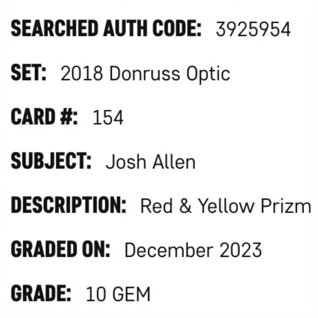 Josh Allen SGC 10 2018 Bowman Donruss Optic Red & Yellow Rated Rookie Card #154