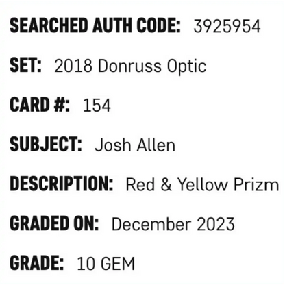 Josh Allen SGC 10 2018 Bowman Donruss Optic Red & Yellow Rated Rookie Card #154
