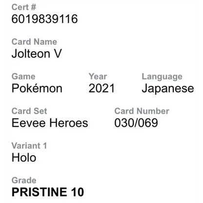 Jolteon V CGC 10 2021 Pokemon Japanese Eevee Heroes Holo Card #030/069
