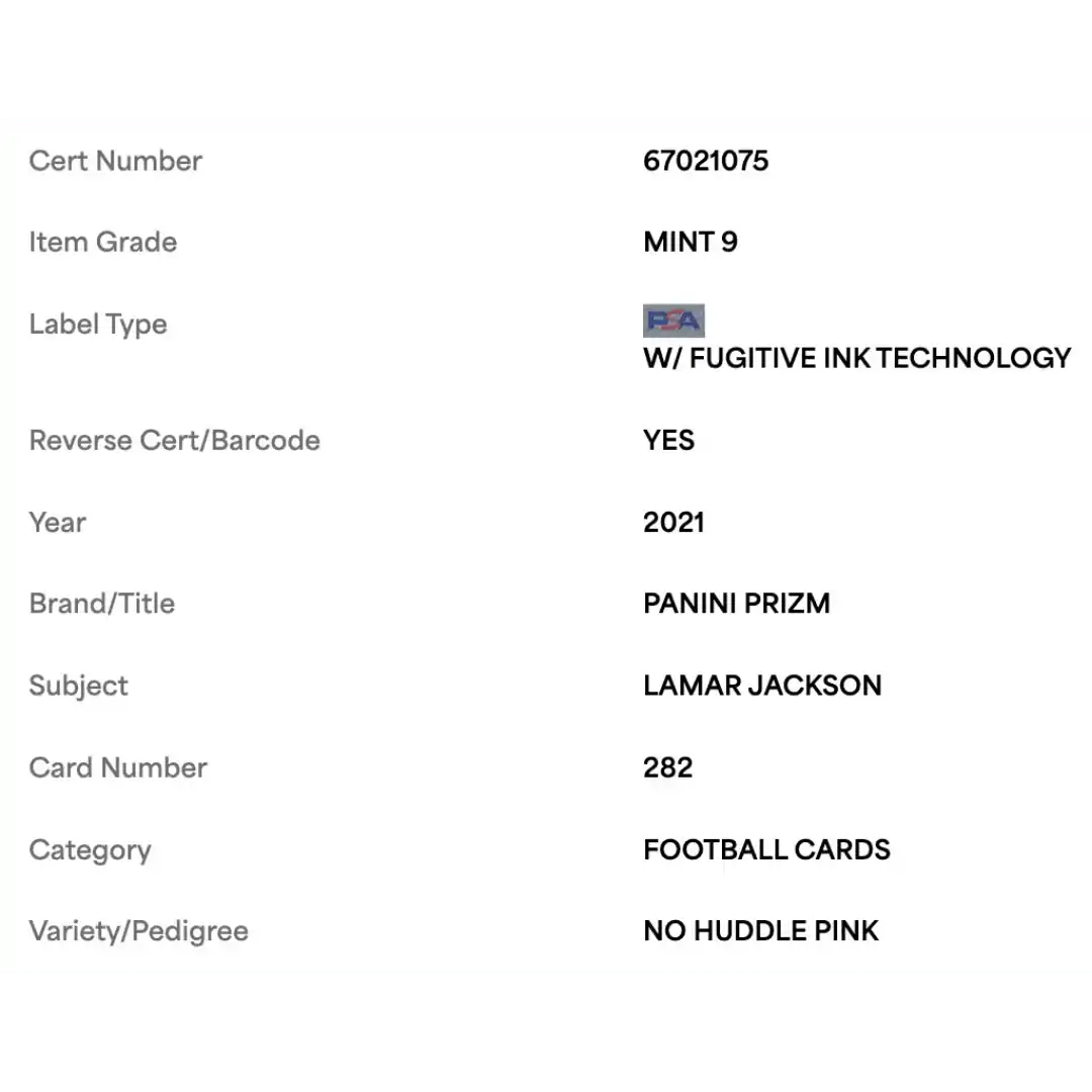 Lamar Jackson PSA 9 2021 Panini Prizm No Huddle Pink #d/15 Card #282