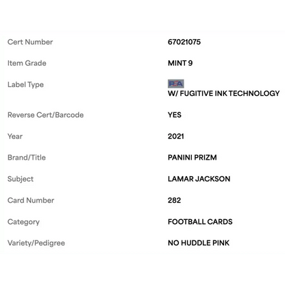 Lamar Jackson PSA 9 2021 Panini Prizm No Huddle Pink #d/15 Card #282