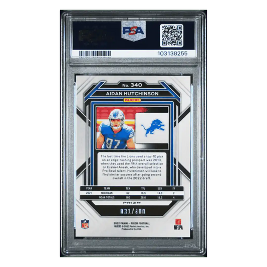 Aiden Hutchinson PSA 9 2022 Panini Prizm Pandora Rookie RC #d/ 400 Card #340