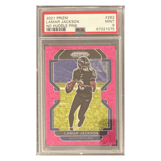 Lamar Jackson PSA 9 2021 Panini Prizm No Huddle Pink #d/15 Card #282