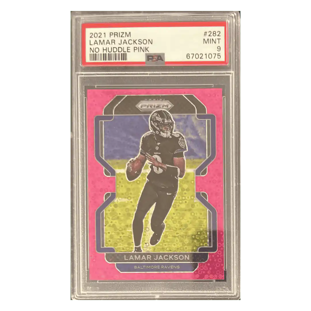 Lamar Jackson PSA 9 2021 Panini Prizm No Huddle Pink #d/15 Card #282