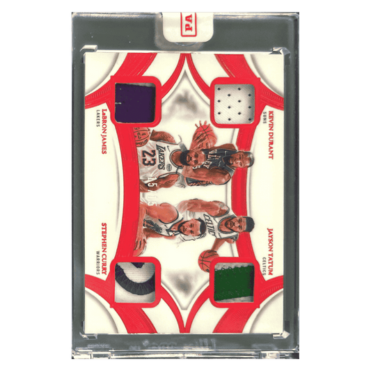 LeBron James, Steph Curry, Jayson Tatum & Kevin Durant 2024 Panini Flawless Quad Patches Game Used #15/ 15 Card #QP-GLD