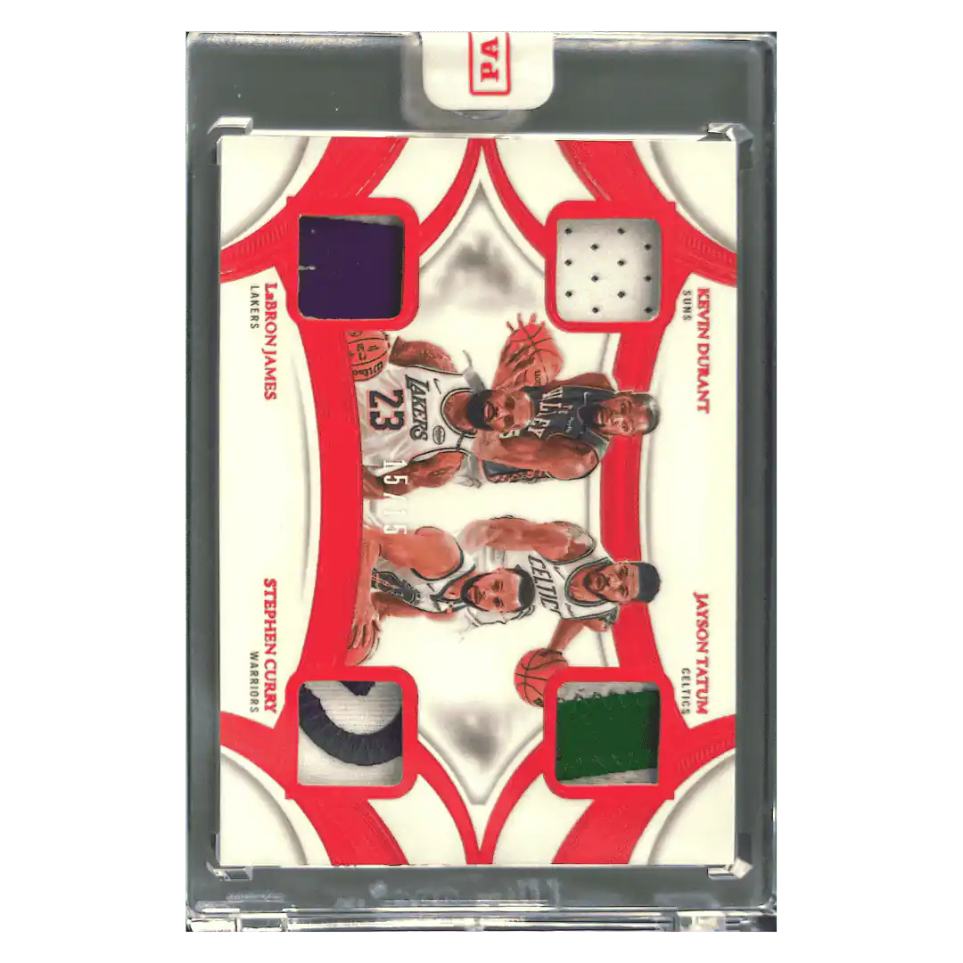LeBron James, Steph Curry, Jayson Tatum & Kevin Durant 2024 Panini Flawless Quad Patches Game Used #15/ 15 Card #QP-GLD