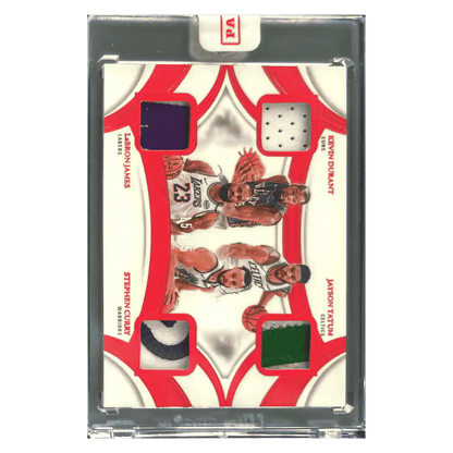 LeBron James, Steph Curry, Jayson Tatum & Kevin Durant 2024 Panini Flawless Quad Patches Game Used #15/ 15 Card #QP-GLD
