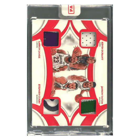 LeBron James, Steph Curry, Jayson Tatum & Kevin Durant 2024 Panini Flawless Quad Patches Game Used #15/ 15 Card #QP-GLD