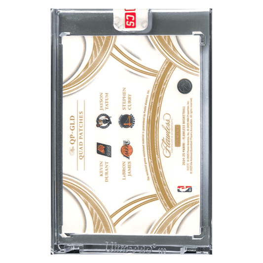 LeBron James, Steph Curry, Jayson Tatum & Kevin Durant 2024 Panini Flawless Quad Patches Game Used #15/ 15 Card #QP-GLD