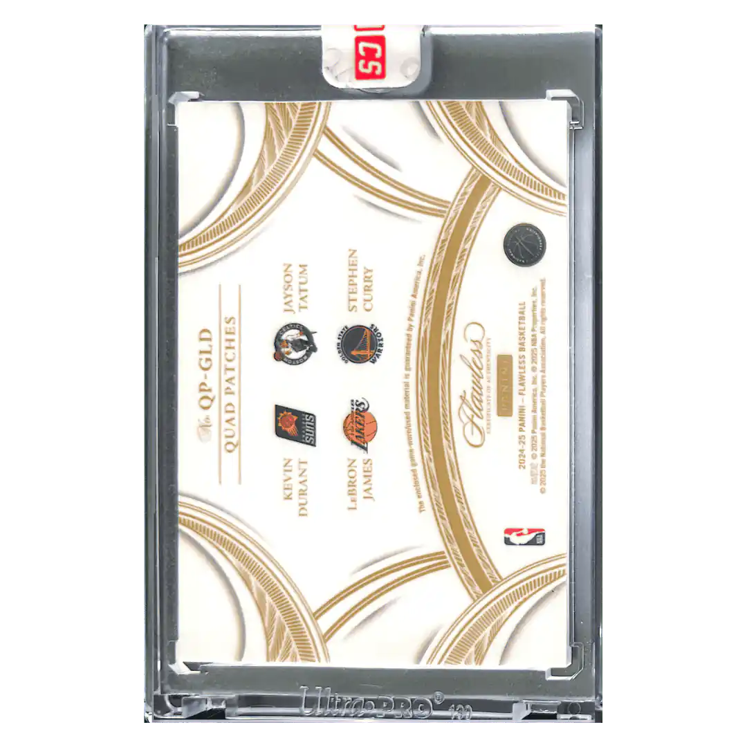 LeBron James, Steph Curry, Jayson Tatum & Kevin Durant 2024 Panini Flawless Quad Patches Game Used #15/ 15 Card #QP-GLD
