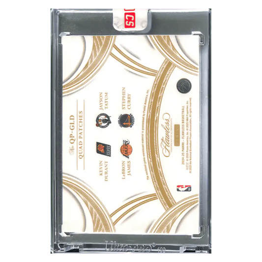 LeBron James, Steph Curry, Jayson Tatum & Kevin Durant 2024 Panini Flawless Quad Patches Game Used #15/ 15 Card #QP-GLD