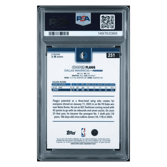 Cooper Flagg PSA 9 2025 Topps Chrome Rookie RC Card #251