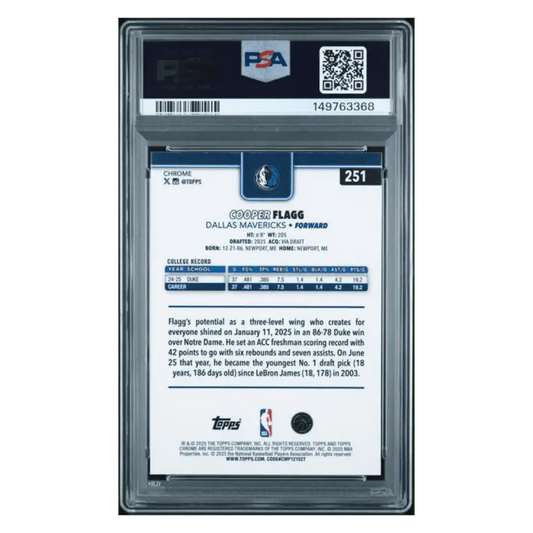 Cooper Flagg PSA 9 2025 Topps Chrome Rookie RC Card #251