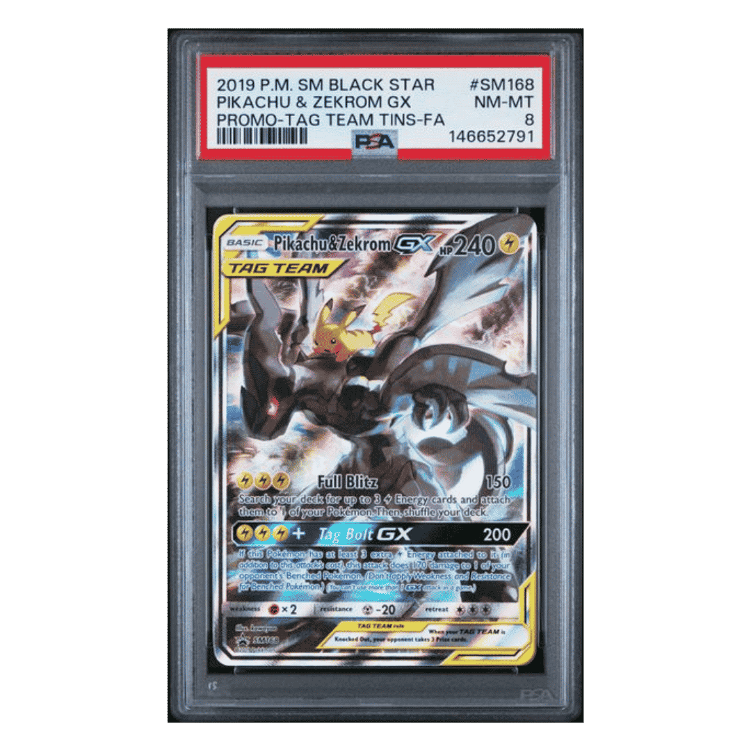 Full Art Pikachu & Zekrom GX PSA 8 2019 Pokemon Sun & Moon Black Star Promo Tag Team Tins Card #SM168