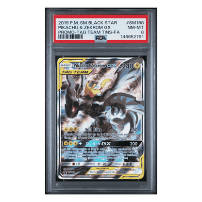 Full Art Pikachu & Zekrom GX PSA 8 2019 Pokemon Sun & Moon Black Star Promo Tag Team Tins Card #SM168