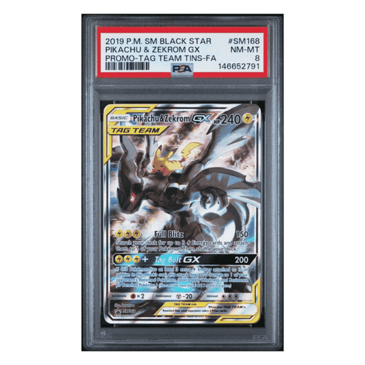 Full Art Pikachu & Zekrom GX PSA 8 2019 Pokemon Sun & Moon Black Star Promo Tag Team Tins Card #SM168