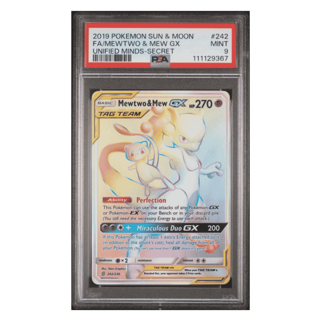 Full Art Mewtwo & Mew GX PSA 9 2019 Pokemon Sun & Moon Unified Minds Secret Card #242