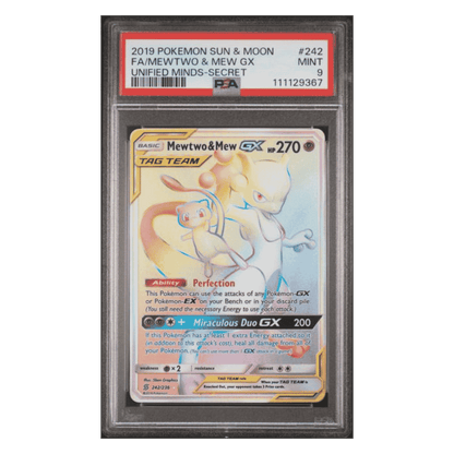 Full Art Mewtwo & Mew GX PSA 9 2019 Pokemon Sun & Moon Unified Minds Secret Card #242