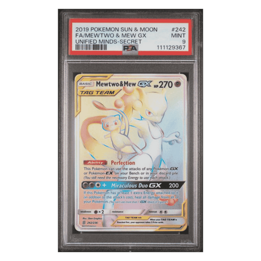 Full Art Mewtwo & Mew GX PSA 9 2019 Pokemon Sun & Moon Unified Minds Secret Card #242
