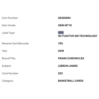 LeBron James PSA 10 2019 Panini Chronicles Card #223