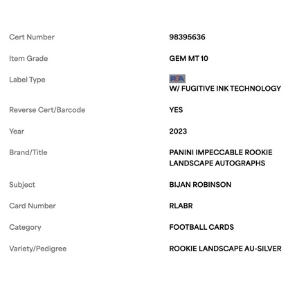 Bijan Robinson PSA 10 2023 Panini Impeccable Rookie Landscape Autograph Silver #d/ 75 POP 1 Card #RLABR