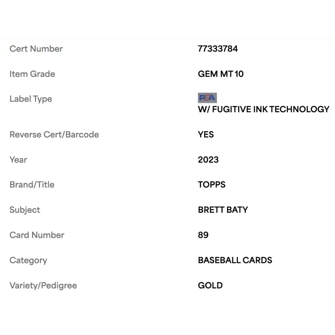 Brett Baty PSA 10 2023 Topps Gold Rookie RC #2023 Card #89