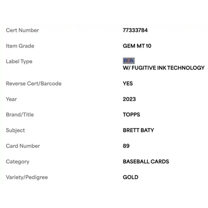 Brett Baty PSA 10 2023 Topps Gold Rookie RC #2023 Card #89
